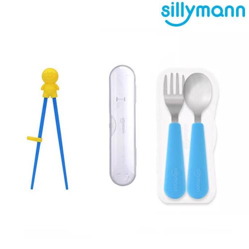 韓國sillymann  100%鉑金矽膠不鏽鋼幼童湯匙叉子餐具組+學習筷超值組(附防塵盒)
