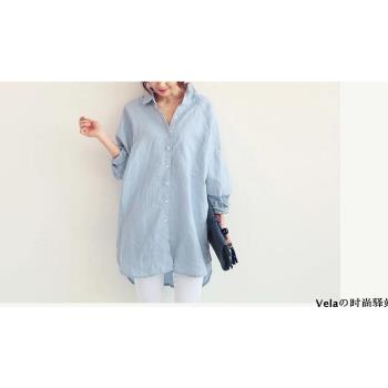 【A3】春夏韓版寬鬆長袖棉麻中長款襯衫上衣-預購