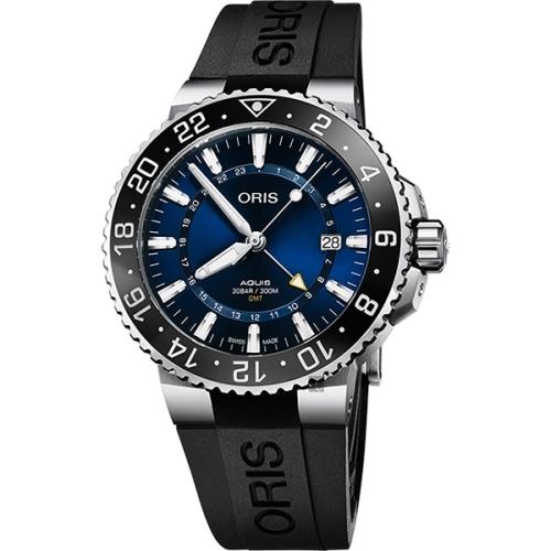 Oris豪利時AquisGMT雙時區潛水300米機械錶-藍x黑橡膠帶/43.5mm0179877544135-0742464EB