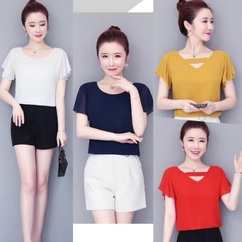 麗莎熊 LisaBear 正反兩穿圓領荷葉袖口弧形下擺雪紡上衣 四色可選