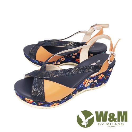 W&M(女) 繁花楔型厚底彈力涼鞋 女鞋 -藍(另有黃)