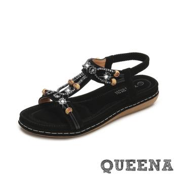 【QUEENA】波希米亞民族風華麗美鑽繩飾舒適平底涼鞋 黑
