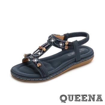 【QUEENA】波希米亞民族風華麗美鑽繩飾舒適平底涼鞋 藏青