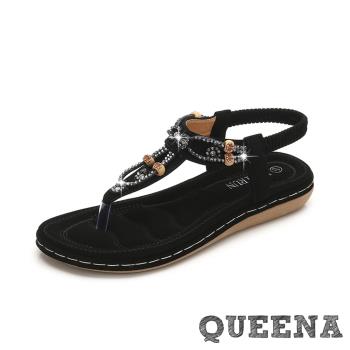 【QUEENA】華麗美鑽鍊飾民族風串珠T字夾腳舒適厚底涼鞋 黑