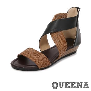 【QUEENA】百搭復古編織拼接一字交叉坡跟厚底涼鞋 黑