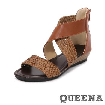 【QUEENA】百搭復古編織拼接一字交叉坡跟厚底涼鞋 棕