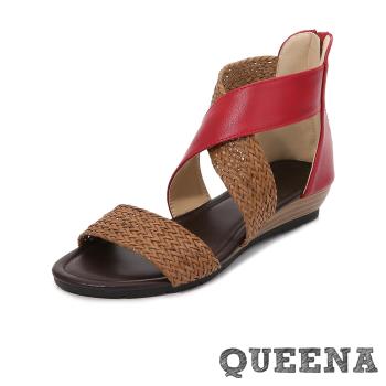 【QUEENA】百搭復古編織拼接一字交叉坡跟厚底涼鞋 紅