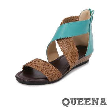【QUEENA】百搭復古編織拼接一字交叉坡跟厚底涼鞋 水藍