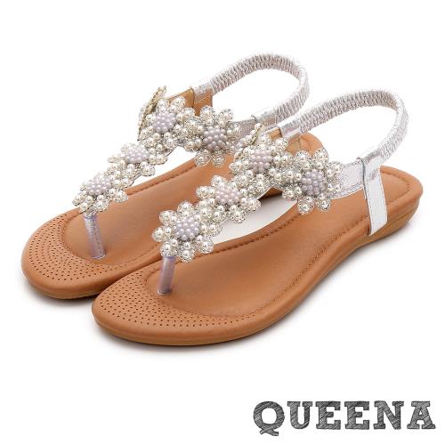 【QUEENA】唯美立體珍珠花朵T字夾腳坡跟平底涼鞋 銀