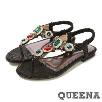 【QUEENA】璀璨美鑽寶石蛇紋皮革T字造型時尚低跟涼鞋 黑