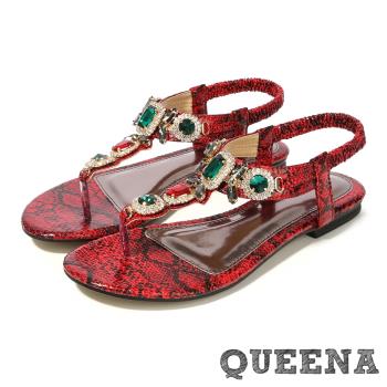 【QUEENA】璀璨美鑽寶石蛇紋皮革T字造型時尚低跟涼鞋 紅