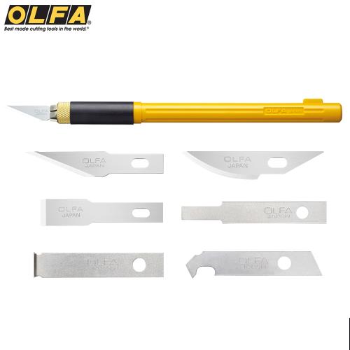 日本OLFA手感佳細工筆刀組AK-4/BP雕刻刀(附6種刀片替刃)筆形刀筆型刀等距刻線刀切割刀