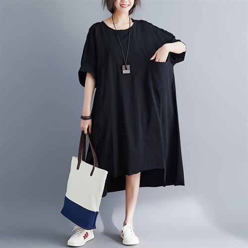 【米蘭精品】連身裙短袖洋裝-純色寬鬆不規則棉麻女裙子2色73xz33