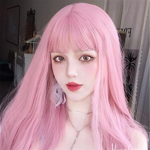 【米蘭精品】長假髮整頂假髮-粉色齊瀏海直髮可愛女假髮73xw12