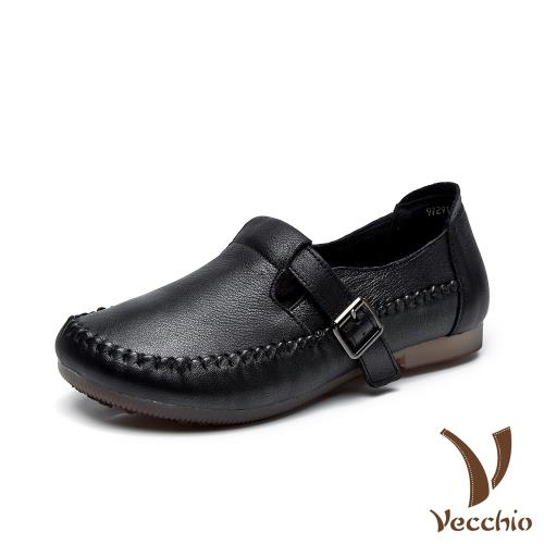 【Vecchio】真皮頭層牛皮復古手工縫線皮帶釦飾造型軟底舒適休閒鞋 黑