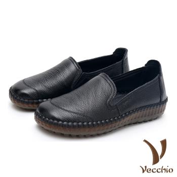 【Vecchio】真皮頭層牛皮復古手工縫線舒適軟底樂福鞋 黑