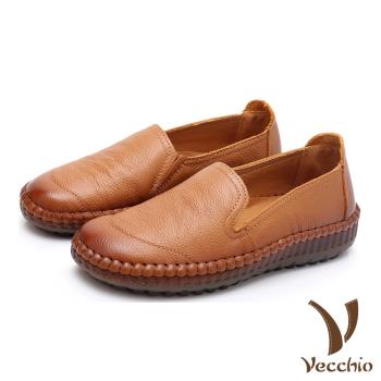 【Vecchio】真皮頭層牛皮復古手工縫線舒適軟底樂福鞋 黃