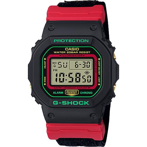 CASIO 卡西歐 G-SHOCK 紅武士帆布錶帶手錶 DW-5600THC-1