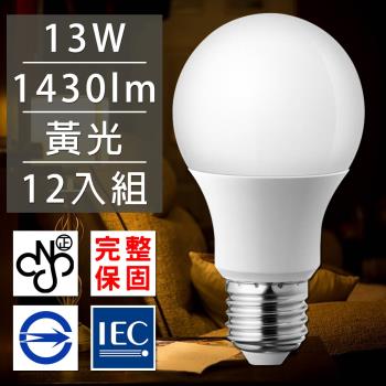 歐洲百年品牌台灣CNS認證LED廣角燈泡E27/13W/1430流明/黃光 12入
