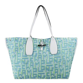 LONGCHAMP ROSEAU系列竹節LGP滿版刺繡帆布托特包(特大/藍)