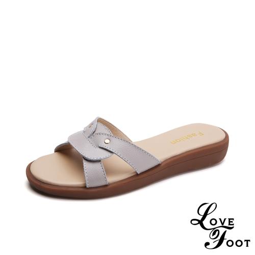【LOVE FOOT 樂芙】真皮優雅花結縷空線條厚底拖鞋 灰