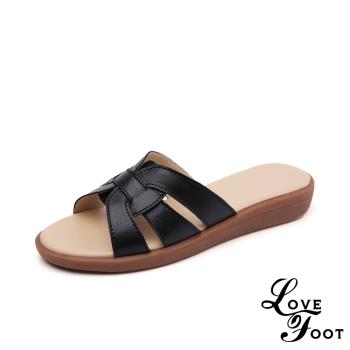 【LOVE FOOT 樂芙】真皮復古簡約線條花結造型舒適平底拖鞋 黑