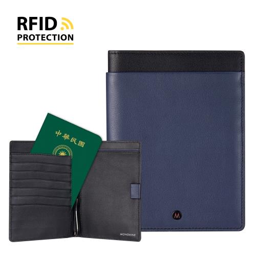 【MONDAINE 瑞士國鐵】蘇黎世系列RFID防盜6卡雙本護照夾(Nappa藍)