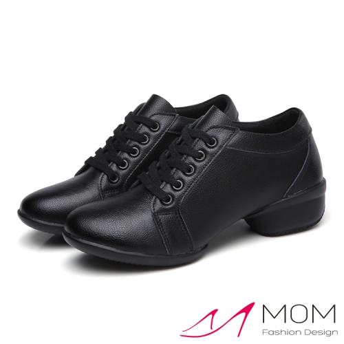 【MOM】真皮小圓頭舒適軟底機能彈力休閒鞋 舞鞋 黑