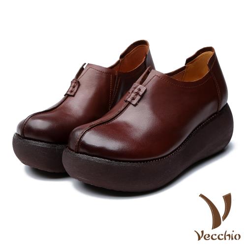 【Vecchio】全真皮頭層牛皮復古手工文藝風輕量厚底休閒鞋 棕