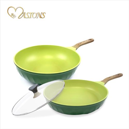 【MASIONS 美心】ECO鑄造 橄欖木雙鍋組(30cm炒鍋+30cm平底鍋+鍋蓋)