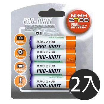【華志PRO-WATT】2組2700mAh 3號AA 4入 鎳氫 充電電池(1.2V 重複充電500次)