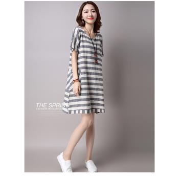 A3 女装春夏季新款韓版寬鬆條纹短袖連衣裙-預購