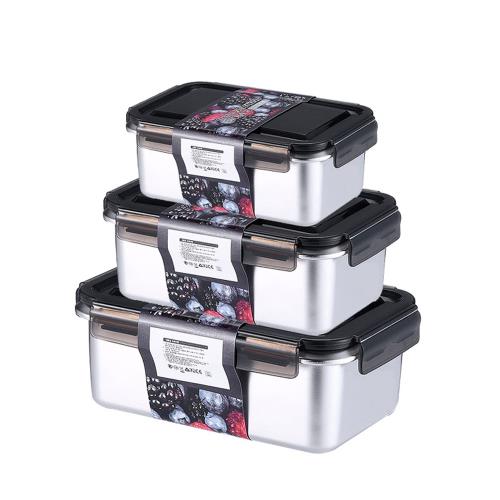 PUSH!餐具用品316不銹鋼保鮮盒抗菌冷凍密封盒冰箱收納盒飯盒長方形三件套D226 