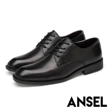 【Ansel】全真皮頭層牛皮方頭紳士質感經典皮鞋 黑