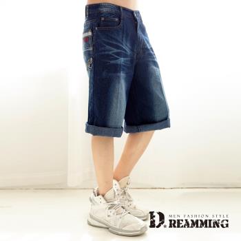 【Dreamming】刺繡1953刷色伸縮牛仔短褲 七分褲(深藍)