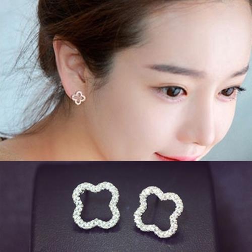 【Emi艾迷】韓國925銀針美好日子鋯石微鑲四葉草耳環