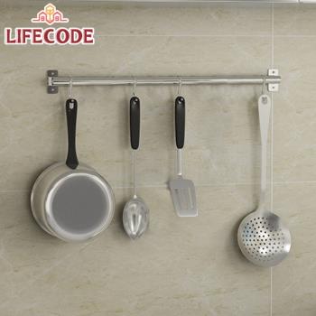 LIFECODE 收納王 304不鏽鋼-免打孔-壁掛桿(附4個S型掛勾)-寬40cm