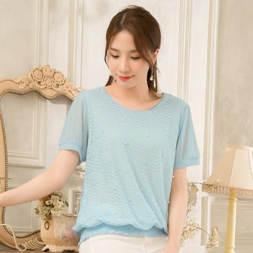 大尺碼-蕾絲鑲珠飾設計透膚網紗袖鬆緊下擺短袖上衣(共二色)lingling