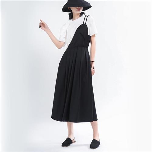 【米蘭精品】連身裙吊帶洋裝-黑色半肩不規則半圓弧女裙子73yh3
