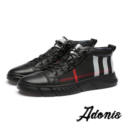 【Adonis】真皮頭層牛皮時尚格紋印花造型厚底休閒鞋 黑