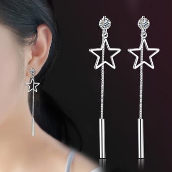 【Emi艾迷】韓國925銀針點鑽鏤空星星流線垂墜耳環