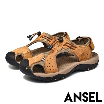 【Ansel】真皮頭層牛皮機能包頭護趾舒適休閒沙灘涼鞋 黃