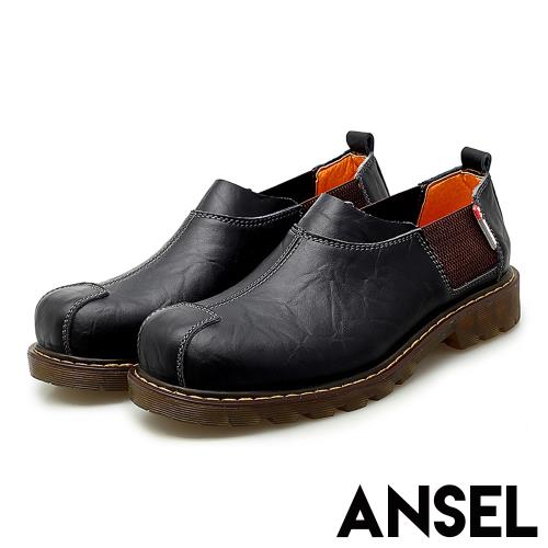 【Ansel】真皮頭層牛皮自然折紋彈力織帶拼接個性休閒鞋 黑