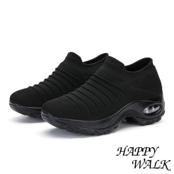 【HAPPY WALK】舒適飛織立體摺線時尚造型氣墊休閒鞋 黑