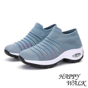 【HAPPY WALK】舒適飛織立體摺線時尚造型氣墊休閒鞋 水藍