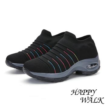 【HAPPY WALK】舒適飛織立體摺線時尚造型氣墊休閒鞋 黑彩