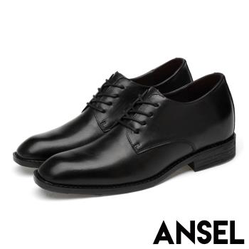 【Ansel】全真皮頭層牛皮方頭紳士質感內增高經典皮鞋 黑