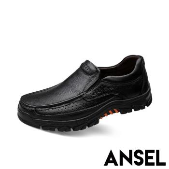 【Ansel】全真皮頭層牛皮機能防滑厚底手工縫線休閒鞋 黑