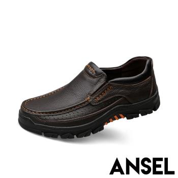【Ansel】全真皮頭層牛皮機能防滑厚底手工縫線休閒鞋 咖