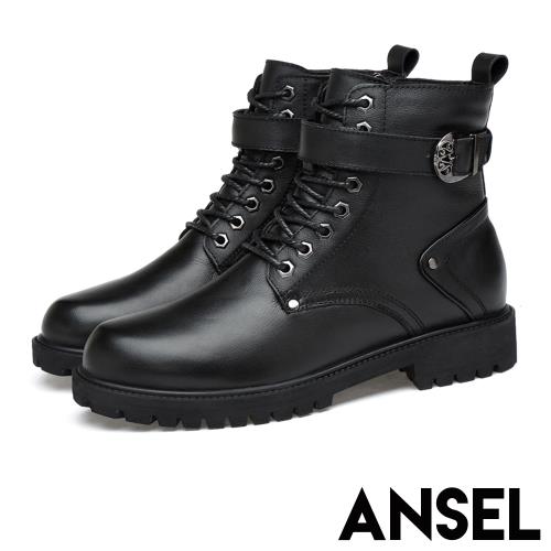【Ansel】真皮時尚皮帶釦飾造型個性馬丁靴 黑